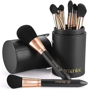 OMANIAC Makeup Brush Set Professional, 12 Pearlescent Wood Handle Makeup Brushes, Premium Cruelty-Free Synthetic Fiber Hair, Travel Make up Brushes Set with Case (Black).