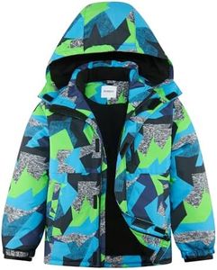 KFRRZC Boys Winter Waterproof Ski Jacket Kids Fleece Lined Warm Snow Coat with Detachable Hood(Blue Geometry,5-6)