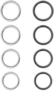8PCS Anillos de Nariz Pendientes de Aro, 316L Acero Quirúrgico Sleeper Septum Clickers, Piercing de Lóbulo de Caracol negro+plata