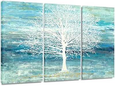 Yihui Arts Teal and Blue Canvas Wall Art - White Tree Paintings with Gold Foil - 3 Pieces Landscape Pictures for Living Room Bedroom Bathroom Decor