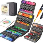 LANRENWENG 120 Colors Dual Tip Brush Pens Fineliners Art Markers, Watercolor Marker and Highlighters with Canvas Bag for Adult Coloring Books Drawing Sketching Bullet Journal Calligraphy