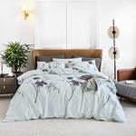 YuHeGuoJi Light Blue Botanical Duvet Cover Queen 100% Egyptian Cotton Grey Flower Duvet Cover Set 3 Pcs 1 Floral Leaves Pattern Duvet Cover with Zipper Ties 2 Pillowcases Soft Plant Bedding Breathable