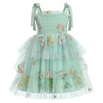 FYMNSI Flower Girl Dress Kids Summer Spaghetti Strap Tie Shoulder Smocked A-line Tiered Tutu Tulle Princess Dress Birthday Party Wedding Guest Special Occasion Formal Pageant Dresses Sage Green 3-4Y