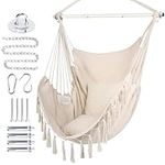 WBHome Extra Large Hammock Chair Swing with Hardware Kit, Hanging Macrame Chair Cotton Canvas, Include Carry Bag & Two Soft Seat Cushions, for Bedroom Indoor Outdoor, Max. Weight 330 Lbs (Beige)