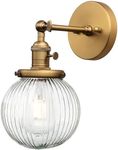 PERMO Vintage Industrial Wall Sconce Lighting Fixture with Mini 5.9" Round Clear Globe Ribbed Glass Shade (Antique Brass Gold)