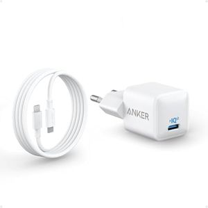 Anker Cargador USB C 20 W, Cargador 511 (Nano), Cargador rápido Compacto y Duradero PIQ 3.0 para iPhone 15/15 Plus/15 Pro/15 Pro MAX/iPad Pro/iPad/iPad Mini(+ 1 Cable USB C a USB C de 180 cm)