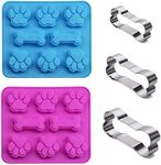 Set of 5, 2 Packs Silicone Molds Puppy Dog Paw & Bone Shaped 2 in 1 and 3 Packs Stainless Steel Bone Cookie Cutter,for Homemade Treats and Cat Animal Paw Ice Candy Chocolate Baking Mold (Blue&Pink)