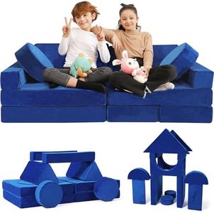 Kids Couch 14 PC Modular Kids Play Couch Set – Convertible Kids Sofa Couch with Soft Foam Sofa Cushions | Kids Fort Couch, Kid Couch Play Room Furniture, Blue