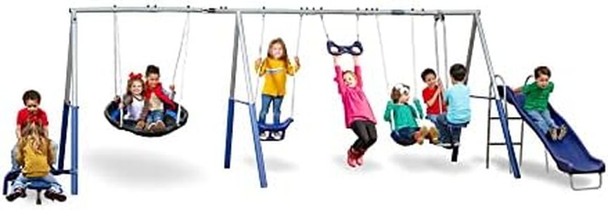 XDP Recreation Fun All Mighty Metal A-Frame Kids Swing Set with 10 Child Capacity Outdoor Backyard Home Playground with Slide and 5 Swing Types,