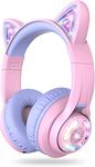 iClever Kids Headphones Wireless Cat Ear, LED Lights Up, 74/85dBA Volume Limited, 50H Playtime,Bluetooth 5.2, USB C, Kids Headphones Wireless Over Ear for Travel iPad Tablet, Meow Macaron-Purple