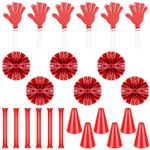 RoundFunny 24 Pcs Noise Makers Party Favors Bulk Include 6 Cheer Megaphone, 6 Thunder Sticks, 6 Hand Clappers, 6 Cheerleading Pom Poms with Handle Noise Makers for Sporting Events Football Game (Red)