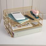 Martha Stewart Ryder 3 Tier Desk Letter Tray Organizer, Stackable Steel Mesh Inbox Tray for Files, Papers, or Letters, Gold