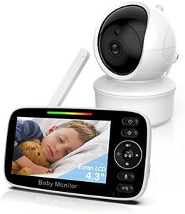Omesiry Babyphone Caméra, Bébé Moniteur Vidéo avec 4.3” Pouces, Caméra Bébé à Distance Pan-Tilt-Zoom, ECO, Vision Nocturne Infrarouge, Capteur de Température, Fonction Interphone, 720p