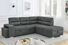 Grey Leather Gel Pull-Out Sofa, Reversible L-Shape Sectional, Left and Right-Facing layouts (94″W 83.5″D 37″H)