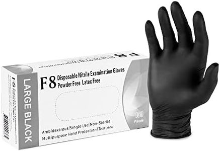 F8 Disposable Nitrile Examination Gloves, Size LARGE and BLACK, Latex & Powder Free, Multipurpose, Non Sterile, Extra Strong, Textured, Protection against bacteria, Ambidextrous, Easy fit