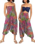 likemary Harem Pants Women - 2-in-1 BohoRomper Jumpsuit with Pockets - Aqua Blue & Pink Peacock Print