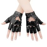 1 Pair Half Finger Leather Gloves, Stylish Fingerless Leather Gloves with Rhinestone Biker Punk Gloves for Halloween Women Girls Cosplay Performance (Black)