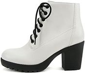 Soda Second Lug Sole Chunky Heel Combat Ankle Bootie Lace up w/Side Zipper, White Pu, 9