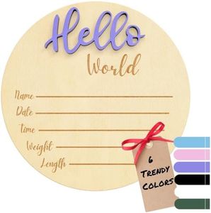 Baby Announcement Sign, Hello World Newborn Sign for Hospital, Large 6” Wooden Baby Name Sign, Newborn Photography Props for Boys and Girls, Welcome Baby Sign (Lavender)