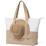 Reiseresa Beach Bag with Zipper, Beach Tote Bag for Women, Large Beach Bag with Hat Holder Strap, Beige