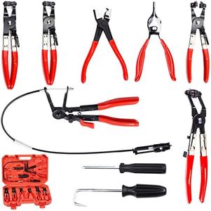 Swpeet 9Pcs Red Long Reach Flexible Wire Spring Hose Clamp Pliers Remover Assortment Kit, Clic R Type Angled Swivel Jaw and Flat Band Pliers for Automotive Radiator Heater and Water Hose