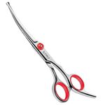 Elfirly Curved Dog Grooming Scissors with Safety Round Tip Curved Pet Grooming Shears for Dogs and Cats (Red)