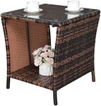 Outvita Outdoor Side Table, Rattan Coffee Table Small End Table with Glass Top Storage for Patio Porch Backyard Balcony