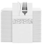 YIDUHAO Disposble Cloth Like Napkins Built-in Flatware Pocket,Wedding Party Linen Feel White Napkin, Prefolded for Silverware (Silver,50 Count)