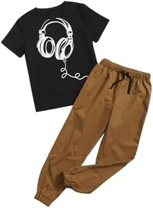 GORGLITTER Boy's 2 Piece Outfits Graphic Print Short Sleeve Tee Shirt Drawstring Waist Pants Set Black and Brown 11-12Y