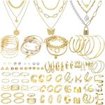 NEWITIN 73 Pieces Gold Jewelry Set for Women Fashion Costume Jewelry Gold Plated Necklace Bracelet Ring Gold Earrings Set for Women Girls, Metal, Cubic Zirconia