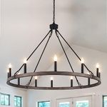 ETONIMERR Black Wagon Wheel Chandelier Ceiling Lights 12-Light Rustic Farmhouse Chandelier for Dining Room 38-Inch Round Large Chandeliers for High Ceilings for Foyer Entryway Kitchen Living Room