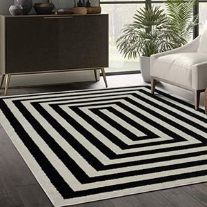 Abani Contemporary Black & Ivory 7'9" x 10'2" Area Rug, Contrasting Geometric Modern Stripe Symmetrical Living Room Carpet Rugs