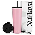 NuFlava® | Insulated Tumbler with Straw Lid & Flask Lid (710ml) | Iced Coffee Cup for Travel & Holidays | Stainless Steel Flask for Drinking Hot & Cold Drinks | BPA Free (Blush)