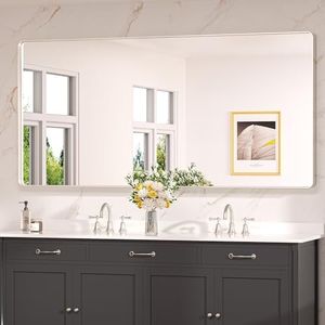 Keonjinn 72 x 36 Brushed Nickel Bathroom Vanity Mirror, Large Rounded Rectangle Bathroom Mirrors for over Sink, Metal Framed Silver Mirror for Wall, Shatterproof HD Tempered Glass(Horizontal/Vertical)