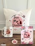 ALDIVO Satin Love You Grandma Cushion Cover with Filler - 12" x 12", Printed Mug, Greeting Card, Printed Key Ring Combo Pack, Pink