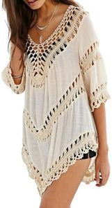 Vanbuy Women s Bohemian Crochet Shirt Tunic Tops Blouses Beach Bikini Coverup Z01-91-Orange Beige