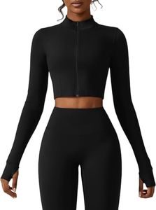 Yknktstc Womens Full Zip Athletic Jacket with Thumbhole Long Sleeve Crop Top Running Workout Yoga Sportswear Shirt S Black