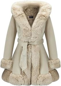 GRAN ORIENTE Suede Jacket for Women with Faux Fur Collar,Long Sleeve Warm Winter Parka Coat with Belt Outerwear, Beige