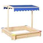 Outsunny Kids Wooden Sandbox with Cover, Play Station for Children Outdoor Sand Box, with Seats, for Backyard, Beach, 47" x 47" x 47", Natural