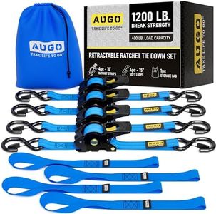 AUGO Retractable Ratchet Straps | 4 Heavy Duty Ratchet Straps Self Retractable Tie Downs with Soft Loops & Storage Bag for Motorcycle, Truck, Trailer, Cargo Van | 1200 Lb Break Strength 1” x 10’