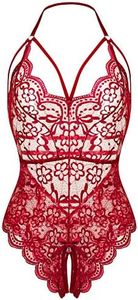 LOLLO VITA Women Lingerie Lace Bodysuit Floral Babydoll One Piece Sleepwear, Wine Red, X-Large