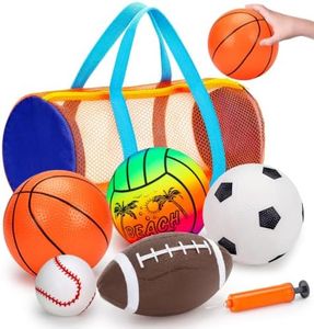 5 Pack Sports Balls Set for Kids with Bag Balls for Toddlers 1-3 Football Soccer Basketball Baseball Volleyball Outdoor Toys Sport Bouncy Playground Kickball Hand Pump Outside Toddler 1-3 2-4 3-5 Gift