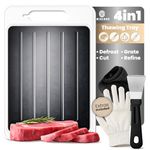 4-in-1 Defrosting Tray for Frozen Meat - Includes Safety Gloves, Spatula & Cleaning Cloth - Thawing Plate with Built-in Knife Refiner, Garlic Grater & Cutting Board - Non-Slip (White)