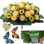 ALL SPECIAL Grave Saddle Flowers for Cemetery - Gravestone Saddle Floral Yellow Rose Sunflower Monument Flowers, Colors Non-Bleed, Tombstone Saddle Flowers for Headstone, Easy Fit, Never Be Blown Away