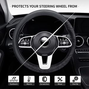 Microfiber Leather 15" Universal Fit Car Steering Wheel Cover, Elastic Breathable and Odorless, Black with White Accent