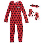 Miraculous Ladybug Little Girls Cosplay Jumpsuit Gloves and Mask 3 Piece Costume Set Polka Dots Red 7-8