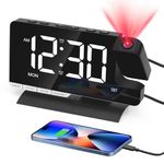 Venchin Projector Clocks for Bedrooms: Daul Alarm Digital Clock Bedside 9-Mins Snooze 12H/24H DST USB Charging Port 7.3" LED Mirror Surface Mains Powered - Black