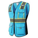 HoliSecure Safety Vest for women, Hi vis Reflective Lady Work vest With 9 Multi Pocket And Zipper, Blue, X-Small