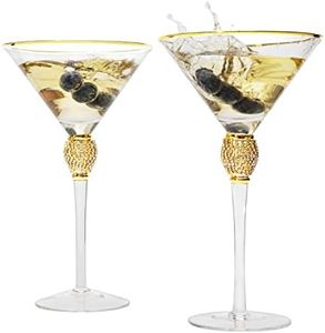 Diamond Collection 2 Piece Stemmed Martini Set - Rhinestone For Drinking Martinis, Manhattans, Vodka, Gin, Cocktails Gold Accent Cocktail Glasses, Perfect For Any Bar or Party 10oz - Swarovski Style