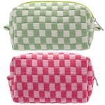 PAZIMIIK Checkered Makeup Bag for Purse Portable Zipper Make Up Pouch Small Cosmetic Case for Travel Accessories, 2PCS Hotpink Light Green, Cute